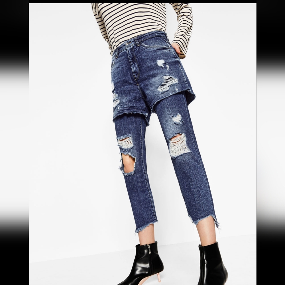 Zara Medium-Dark Blue Ankle Cropped Distressed Jeans Shorts us4